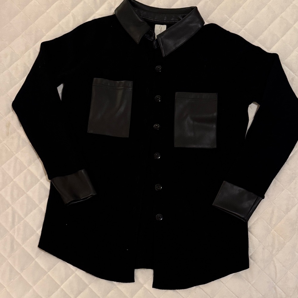 Joie Sweater Black Button-Up Shirt with Faux Leather Accents
